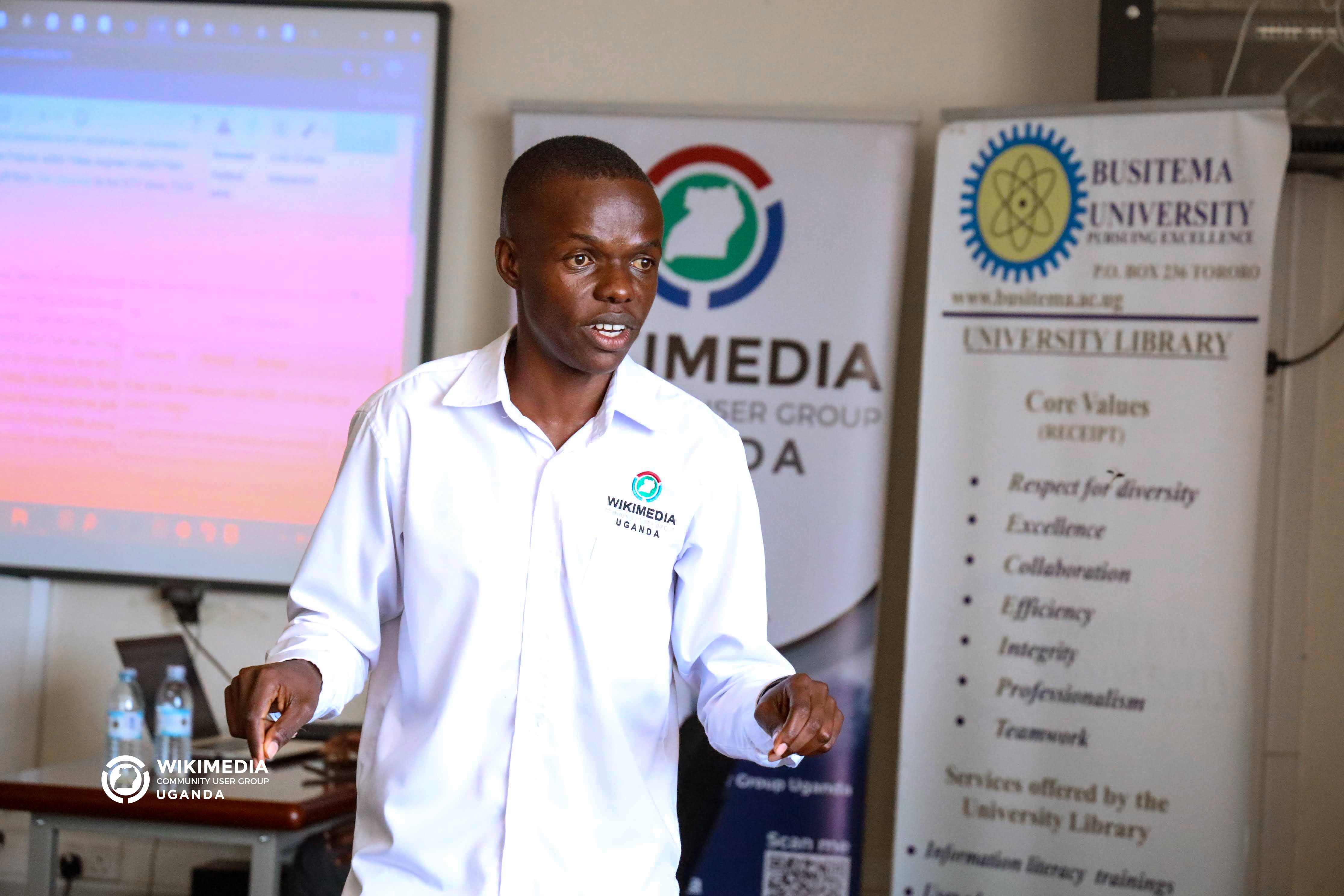 A Wikimedia Community User Group Uganda facilitator leads a practical session during an earlier Wikimedia training at Busitema University in April 2026