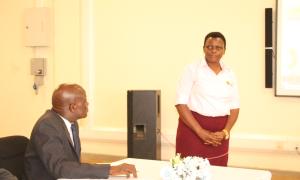 Dr. Fulgensia Kamugisha Mbabazi, Acting Deputy Chief of Graduate Studies, Research and Innovation, delivers her remarks during the celebration of Open Access Week at the Faculty of Engineering Library on 20th October 2025.